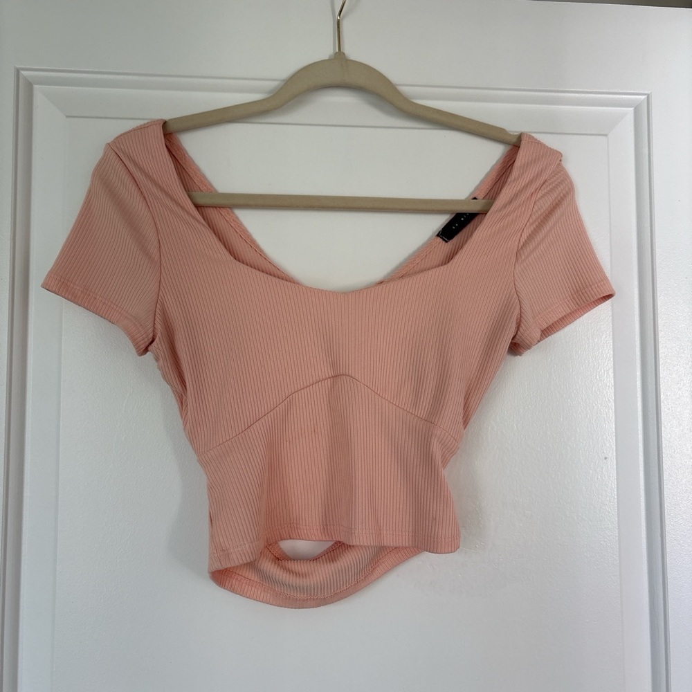 Peach Ribbed Twist Front Top